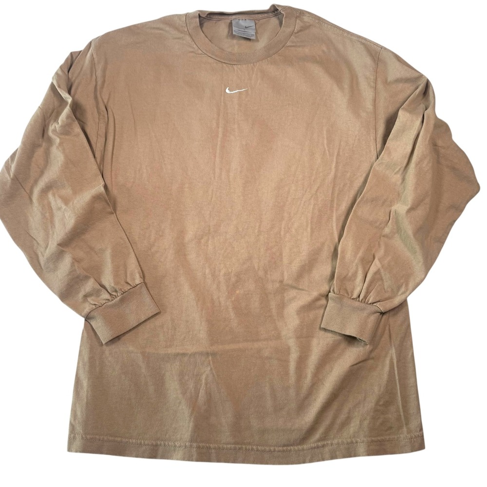 Nike Tan Long Sleeve T Shirt Size L‎ Embroidered Swoosh Cotton Blend